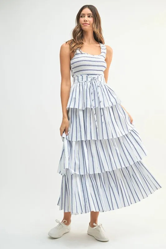 MABLE Pin Stripe Smocked Bodice Layered Midi Dress Off White
