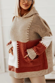 Beige and rust color block kangaroo pocket hooded sweater