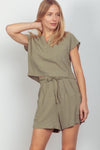 VERY J Woven Cropped Top & Waist Tie Shorts Set - DAVERRI FASHIONS