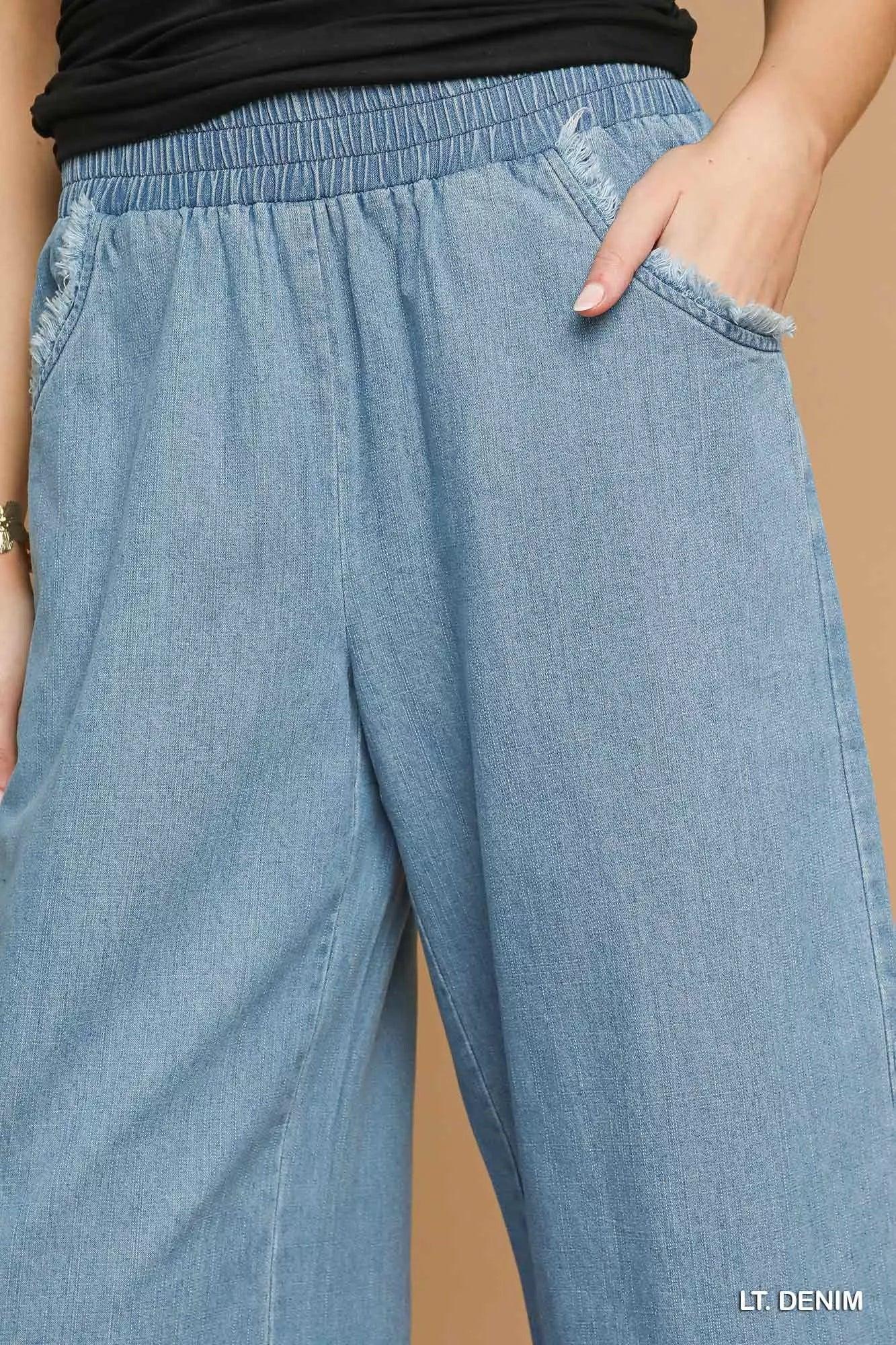 Umgee Washed Fringe Hem Wide Leg Jeans - DAVERRI FASHIONS