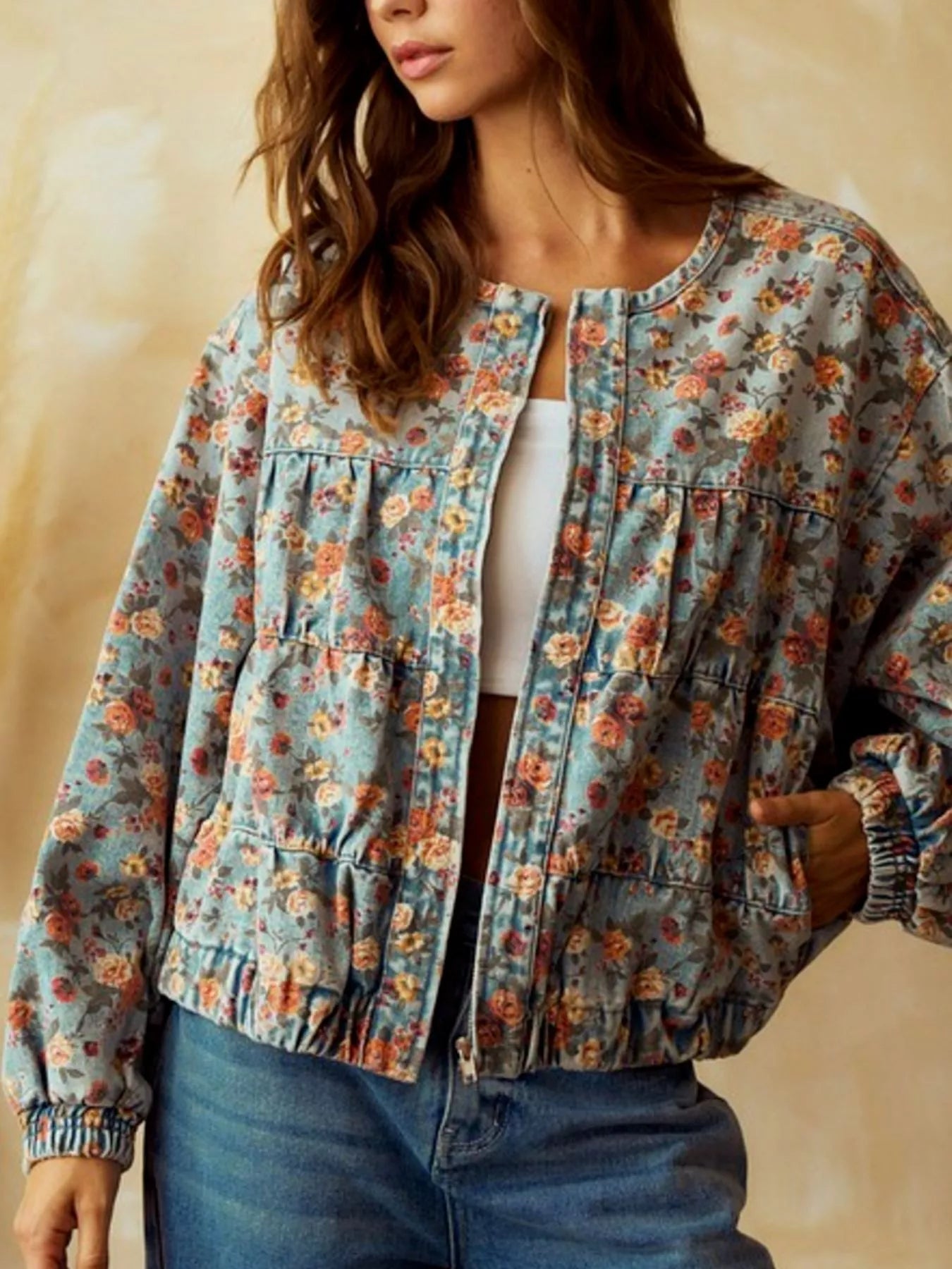 Floral Print Zip Up Cropped Denim Jacket | Denim Jackets Daverri Fashions