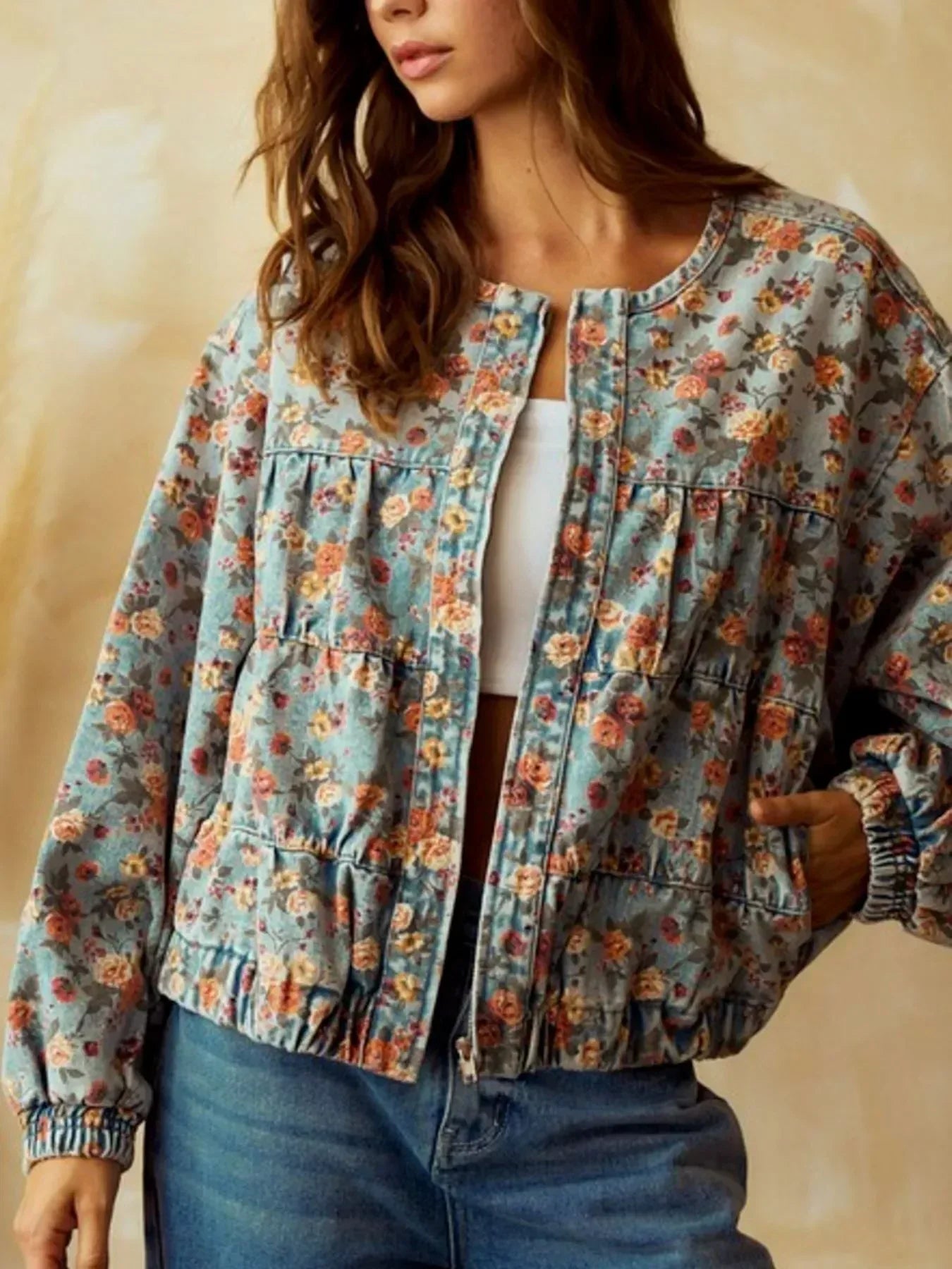 Floral Print Zip Up Cropped Denim Jacket - DAVERRI FASHIONS