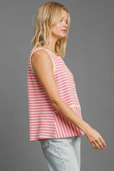 Umgee Round Neck Texture Striped Tank Pink - DAVERRI FASHIONS