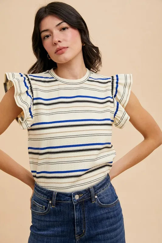 Annie Wear Multi Stripe Ruffle Sleeve Textured Knit Top IVORY
