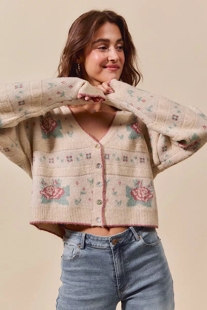 SO ME Floral Pattern Long Sleeve Button Sweater Cardigan | Cardigans Daverri Fashions
