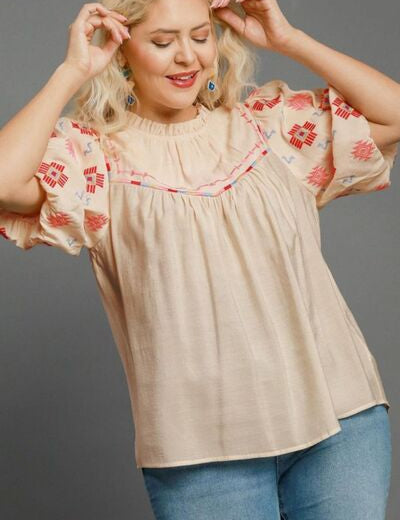 Umgee Full Size Embroidered Puff Sleeve Mock Neck Top Plus Size Tops