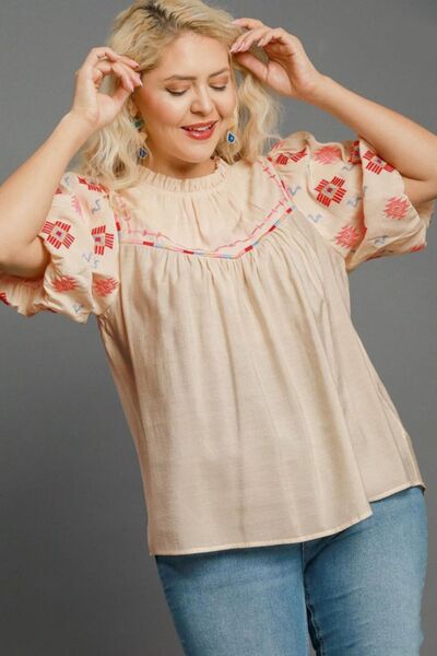 Umgee Full Size Embroidered Puff Sleeve Mock Neck Top Plus Size Tops