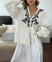 Daverri Fashions Embroidered Notched Long Sleeve Blouse - DAVERRI FASHIONS