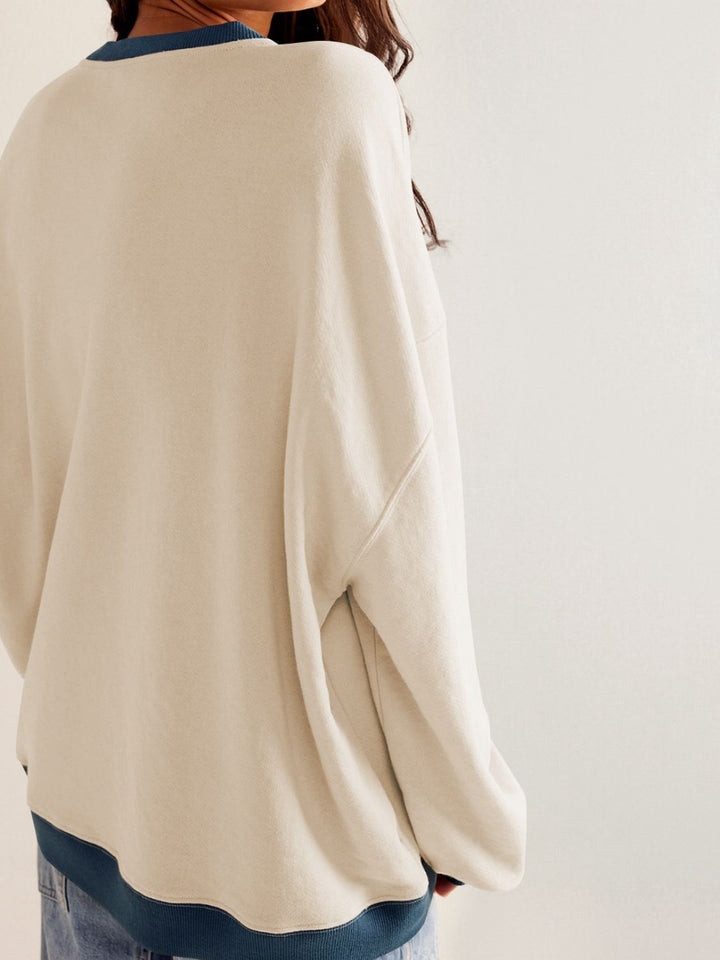 Contrast Trim Round Neck Long Sleeve Sweatshirt Tops