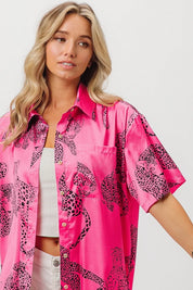BiBi Leopard Print Short Sleeve Silky Satin Shirt Top | Tops Daverri Fashions