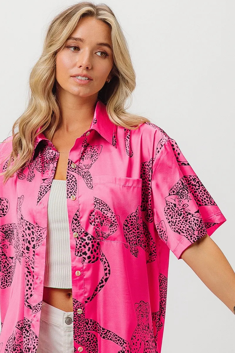 BiBi Leopard Print Short Sleeve Silky Satin Shirt Top Shirts