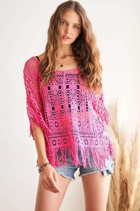 ADORA Fringe Hem Crochet Top HOT PINK One Size Tops