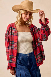 BiBi Christmas Plaid V-Neck Flounce Sleeve Jacket | Jackets Daverri Fashions