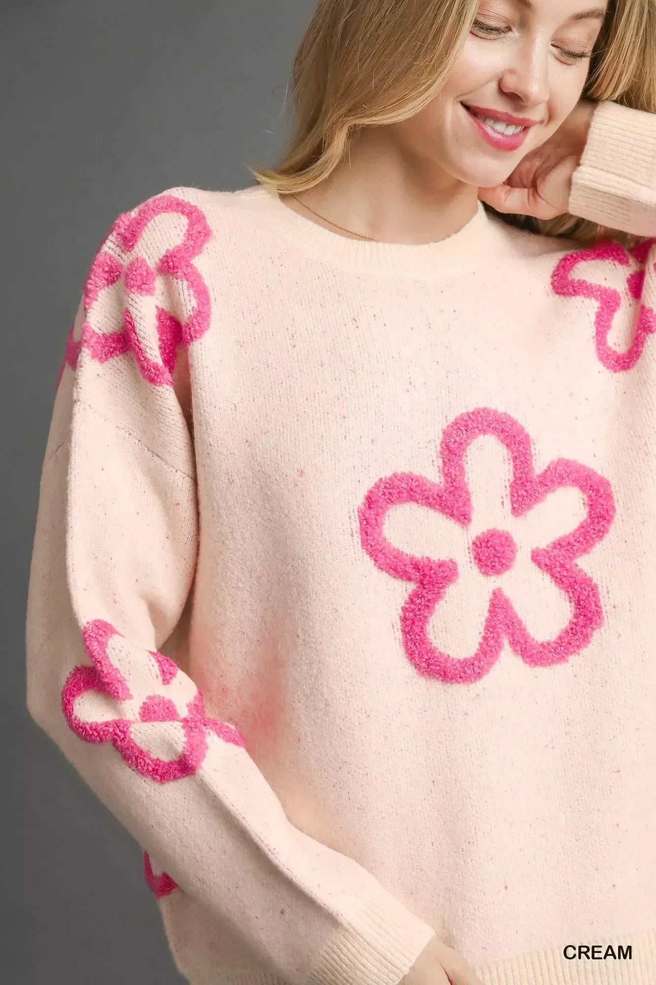 Umgee Round Neck Sweater with Pink Floral Accents - DAVERRI FASHIONS