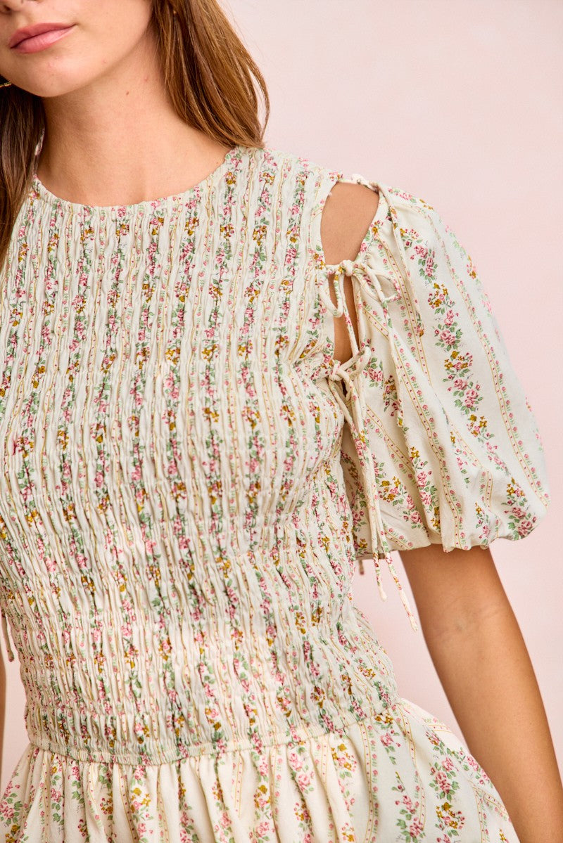 BiBi Floral Bow Tie Attachable Puff Sleeves Dress, off-white with pleats