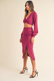 MABLE Front Twisted Knit Top and Midi Skirt Set | Outfit Sets Daverri Fashions