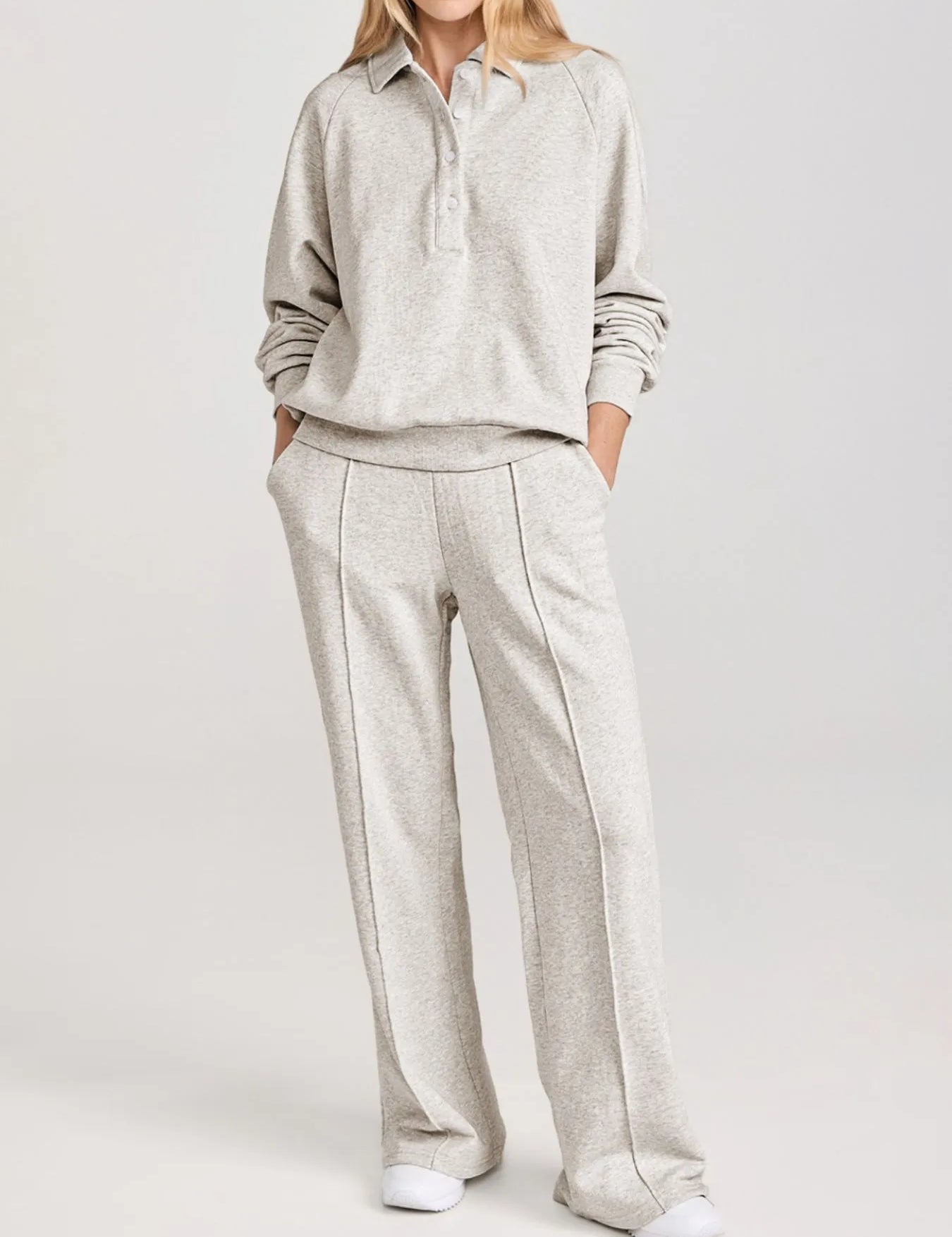 Light Gray Collared Sweatshirt and High Waist Pants Active Set | Daverri Fashions