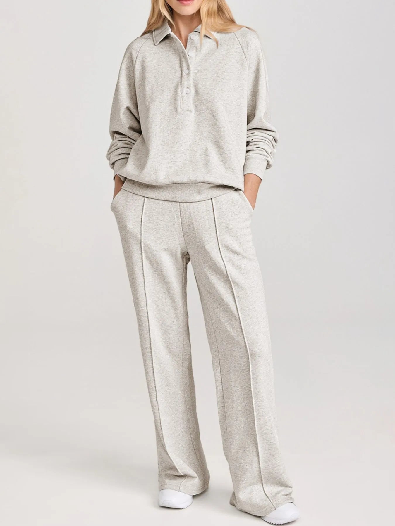 Light Gray Collared Sweatshirt and High Waist Pants Active Set | Daverri Fashions