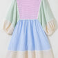 Pastel corduroy patchwork mini dress with stripes, ric rac, puff sleeves, collar