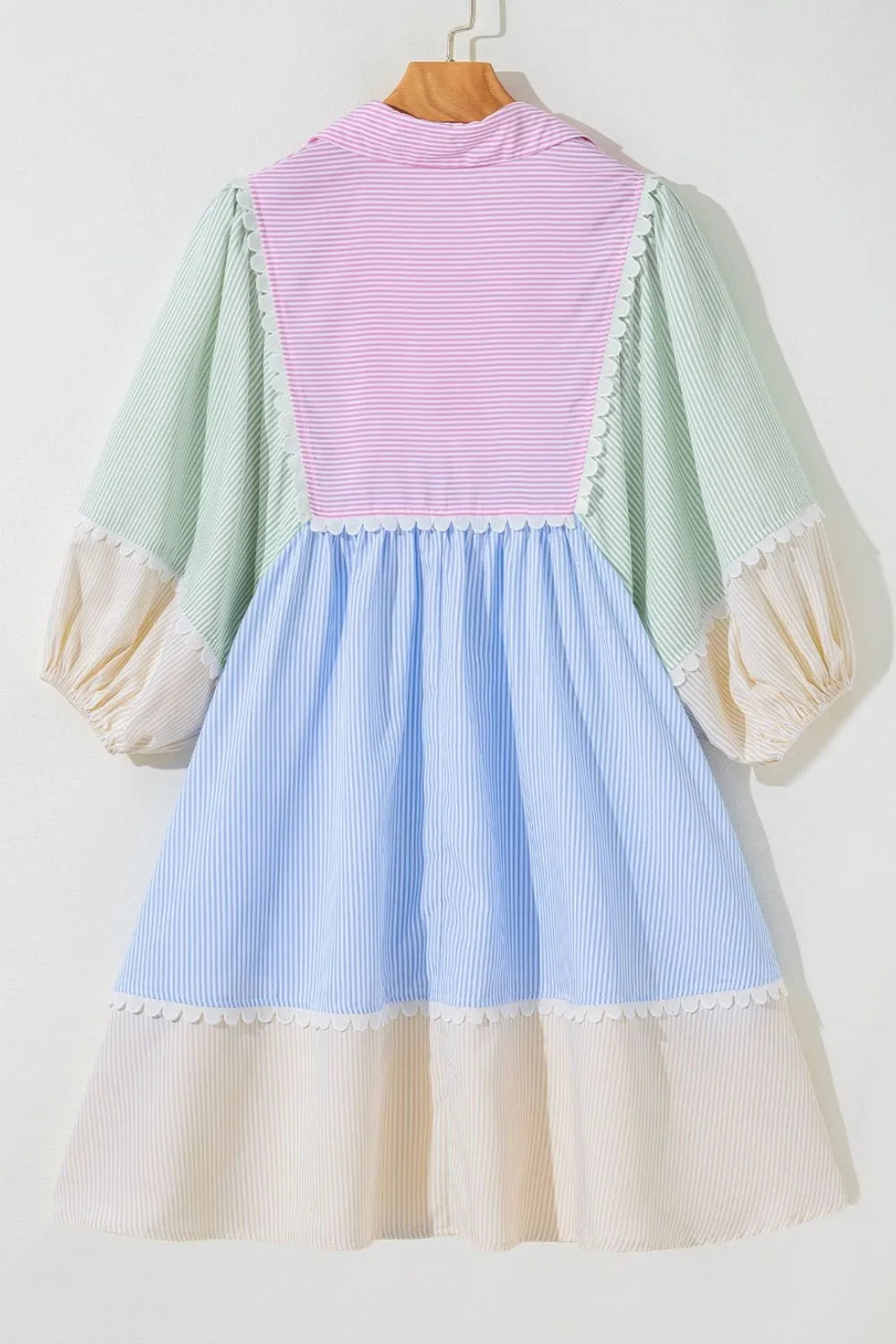 Pastel corduroy patchwork mini dress with stripes, ric rac, puff sleeves, collar