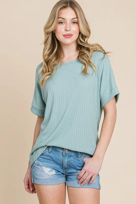 BOMBOM Rib Knit Short Sleeve T-Shirt