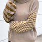 Beige olive green striped checkered turtleneck dropped shoulder sweater