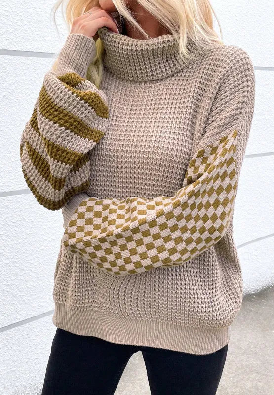 Beige olive green striped checkered turtleneck dropped shoulder sweater