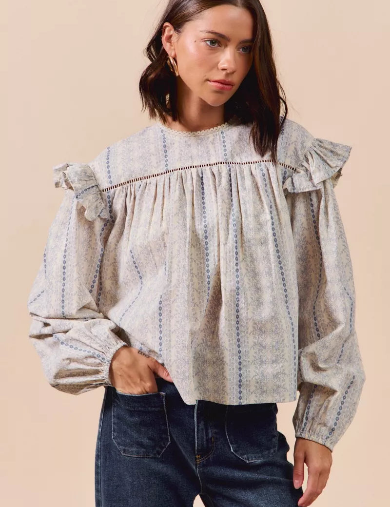 BLUE SO ME Floral Cotton Print Ruffled Long Sleeve Blouse | Daverri Fashions