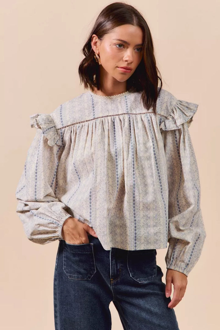 BLUE SO ME Floral Cotton Print Ruffled Long Sleeve Blouse | Daverri Fashions