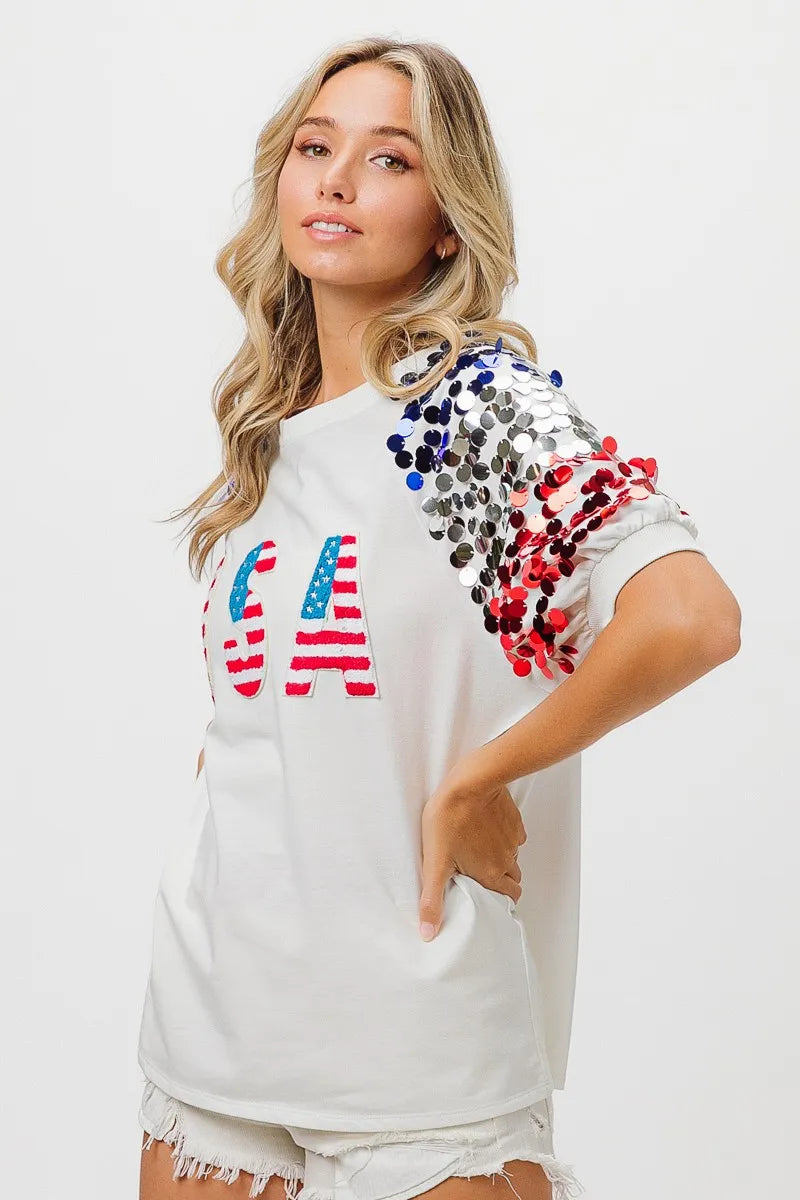 BiBi American Flag Theme Sequin Top | Tops Daverri Fashions