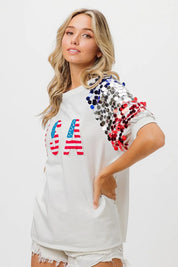BiBi American Flag Theme Sequin Top | Tops Daverri Fashions