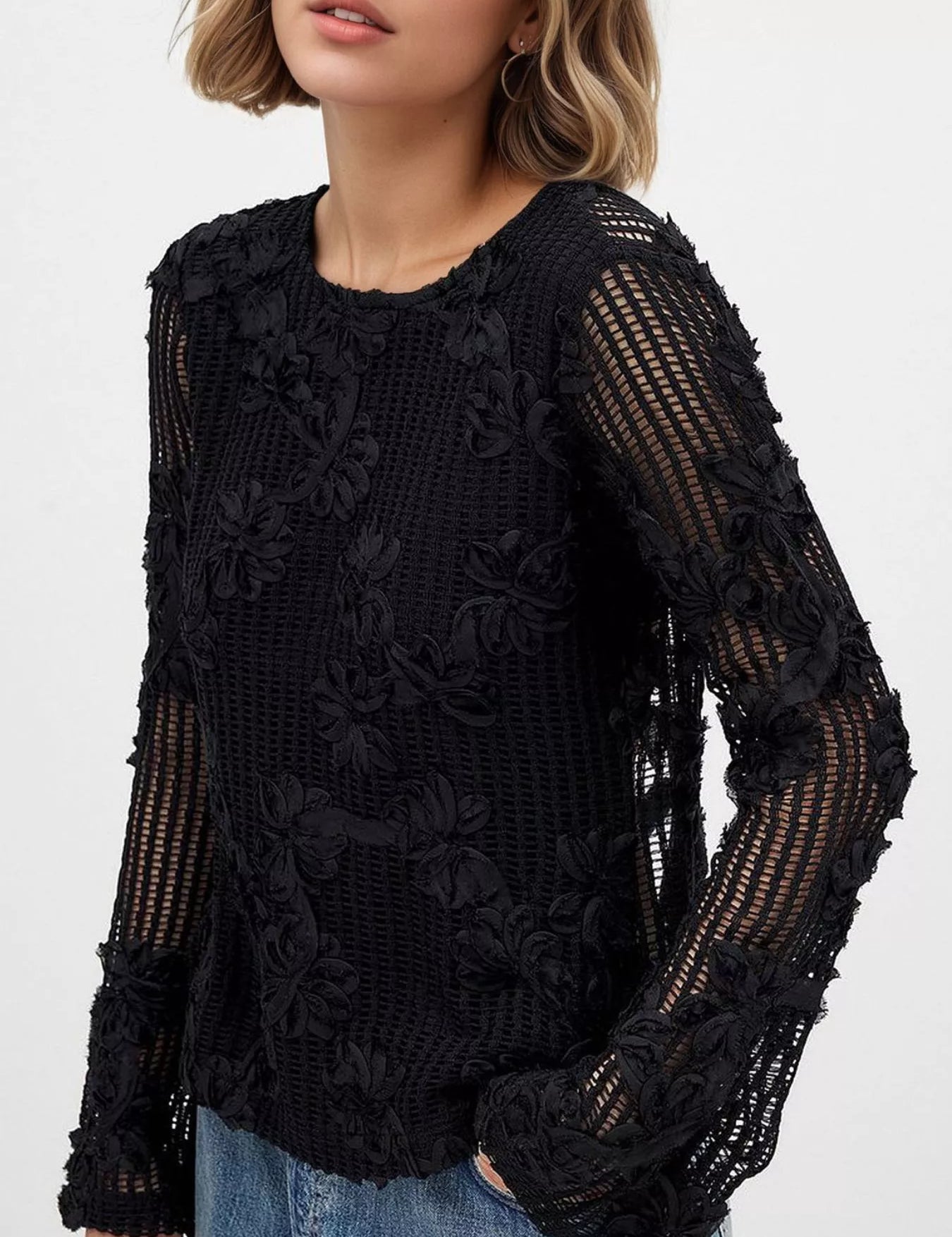 Openwork Tied Back Long Sleeve Blouse | Blouses Daverri Fashions