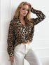 Leopard Collared Neck Long Sleeve Shirt - DAVERRI FASHIONS