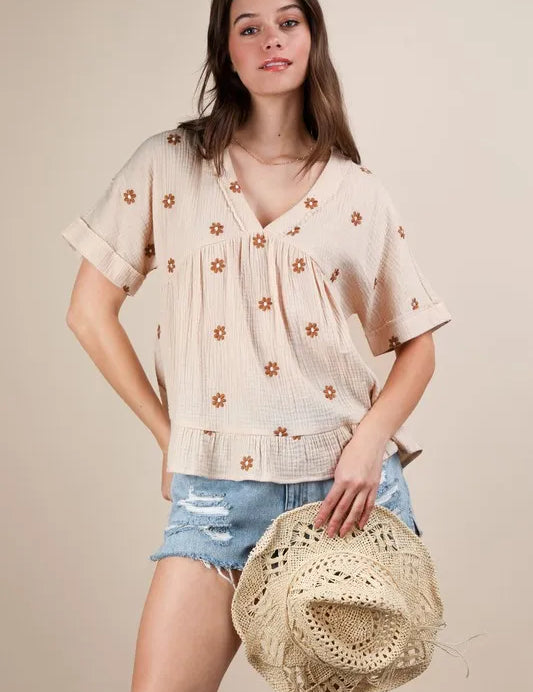 VERY J Flower Embroidered Woven Blouse | Blouses Daverri Fashions
