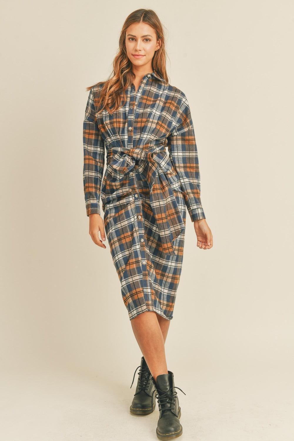 Mable Plaid Flannel Front Tie Button Down Shirt Dress Midi Dresses