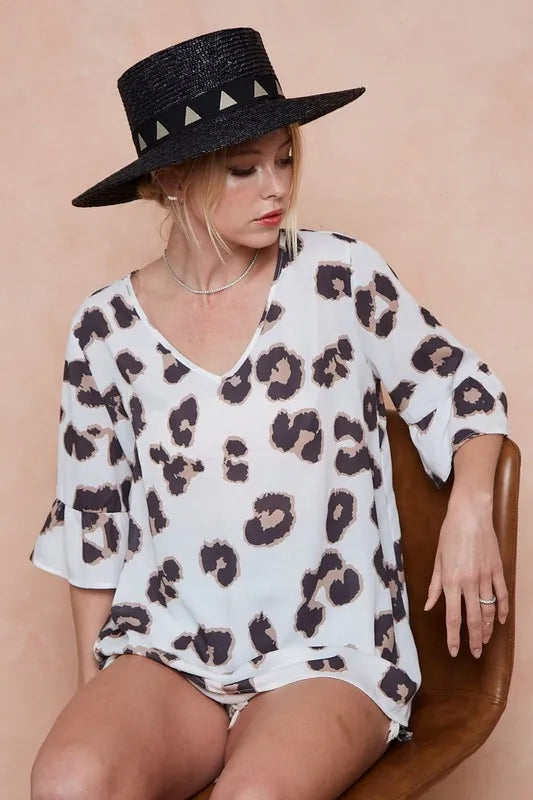 BiBi Leopard Printed V Neck Woven Top with Ruffled | Blouses Daverri Fashions