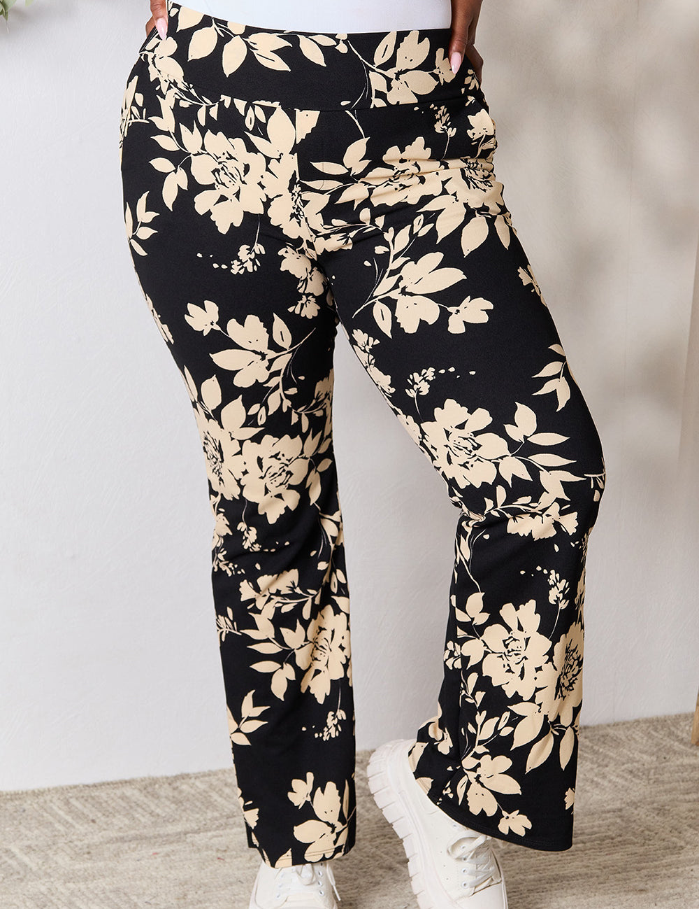 Heimish Full Size High Waist Floral Flare Pants Black Taupe 3XL