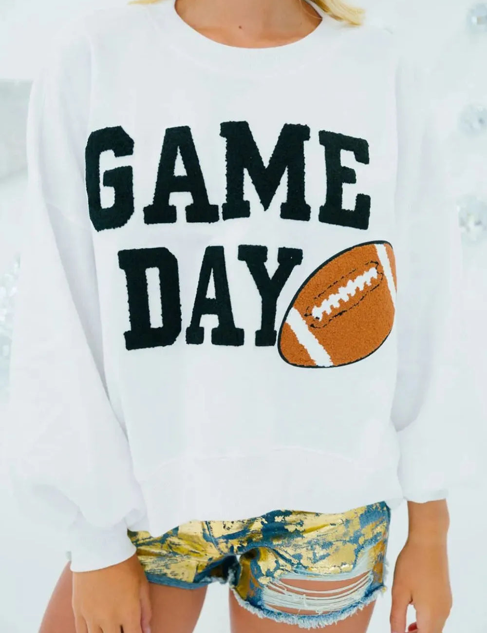 White GAME DAY Round Neck Long Sleeve Sweatshirt | Sweatshirts Daverri Fashions