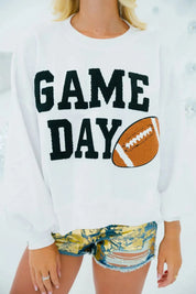 White GAME DAY Round Neck Long Sleeve Sweatshirt | Sweatshirts Daverri Fashions