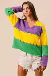 BiBi Stitch Detail Mardi Gras multicolored striped V-neck sweater