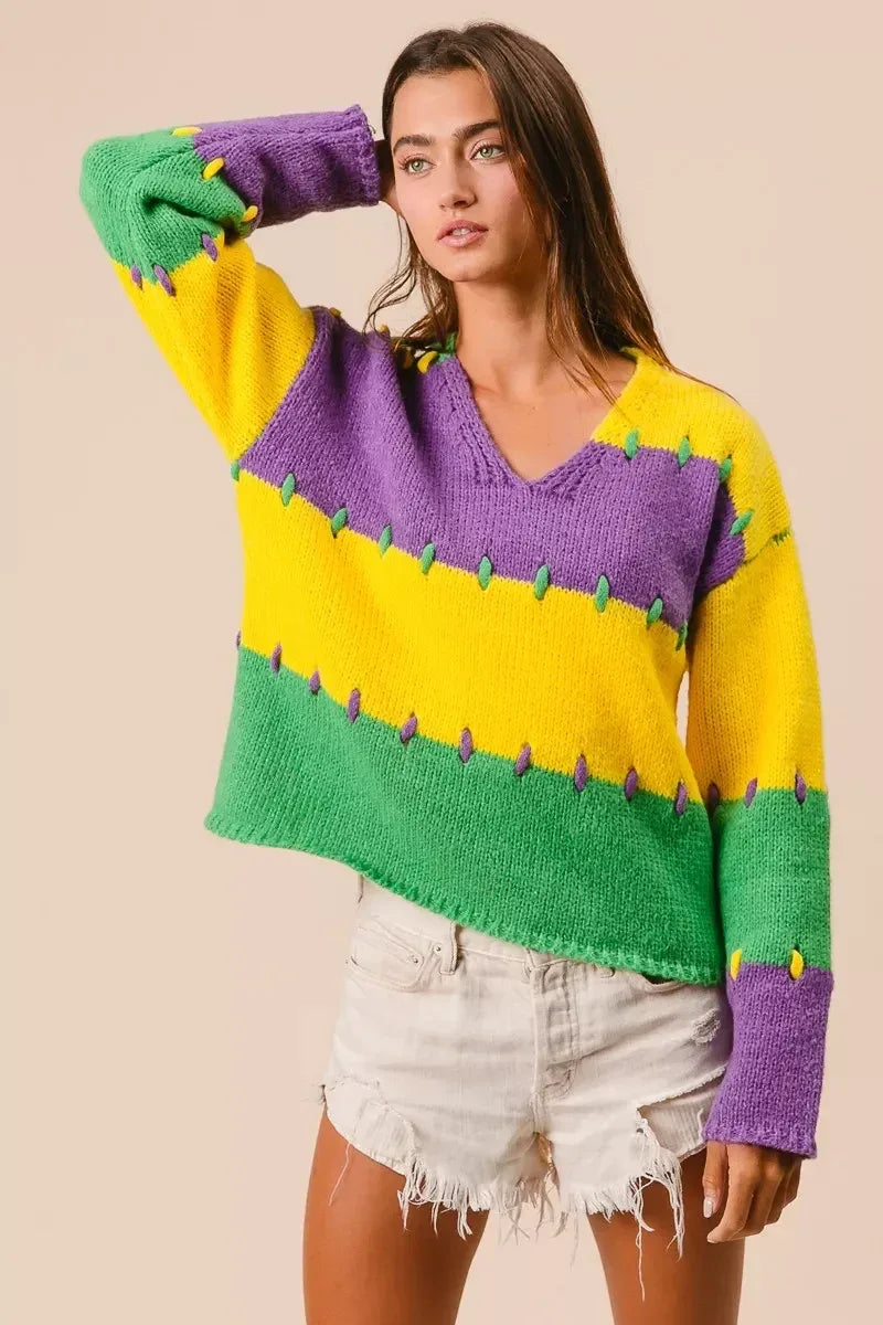 BiBi Stitch Detail Mardi Gras Stripes Sweater - DAVERRI FASHIONS
