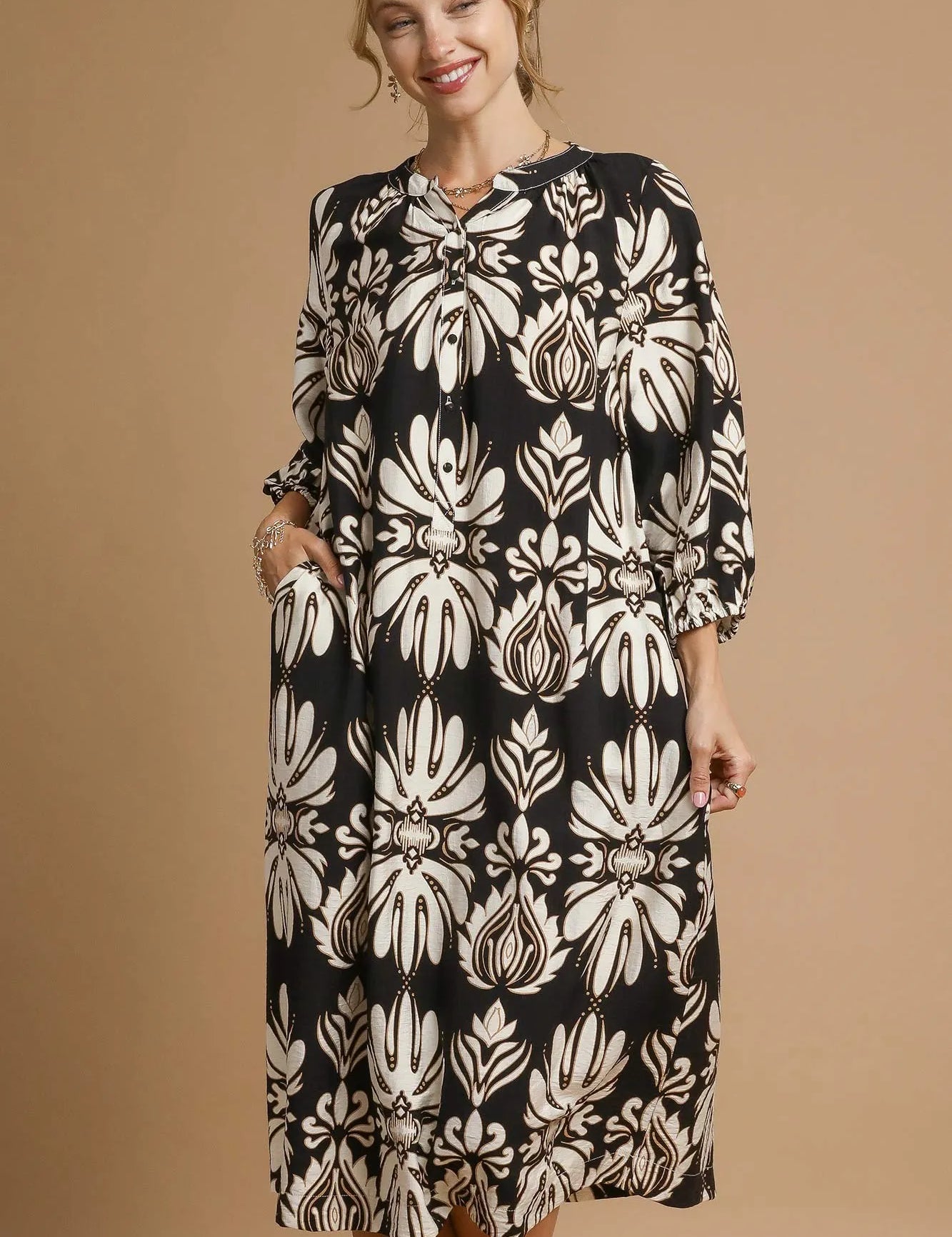BLACK MIX Umgee Mix Abstract Floral Print Midi Dress | Midi Dresses Daverri Fashions