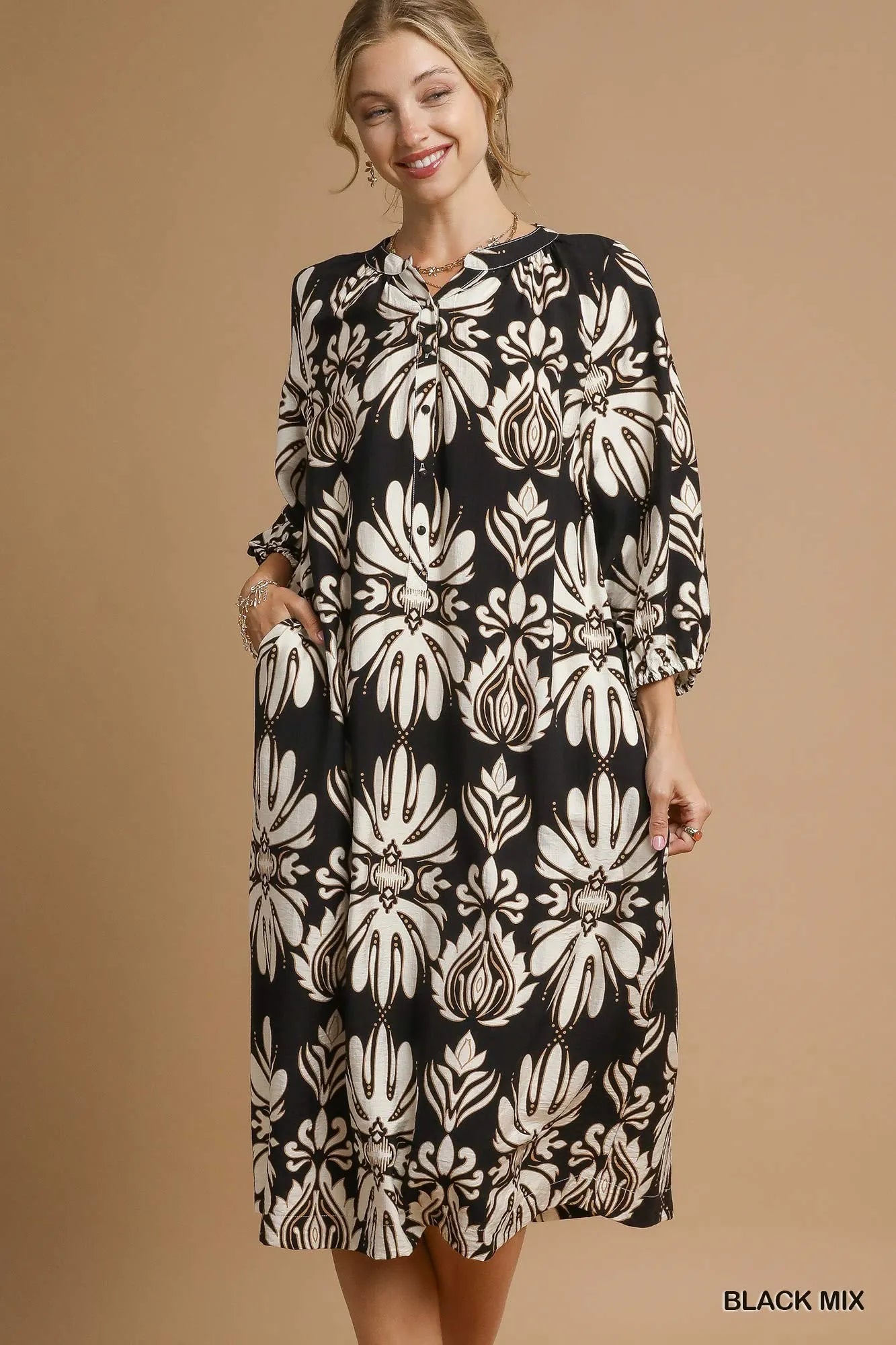 BLACK MIX Umgee Mix Abstract Floral Print Midi Dress | Midi Dresses Daverri Fashions