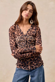 BiBi Leopard Printed Mesh Shirt With Button Up V Neck | Shirts Daverri Fashions