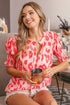 BiBi Leopard Smocked Short Sleeve Blouse Peach Coral Blouses