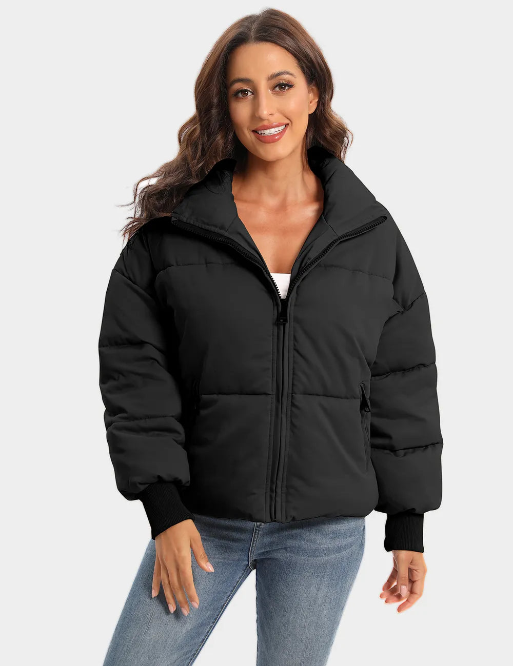 Black Zip Up Turtleneck Long Sleeve Puffer Jacket with Hood