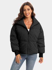 Black Zip Up Turtleneck Long Sleeve Puffer Jacket with Hood