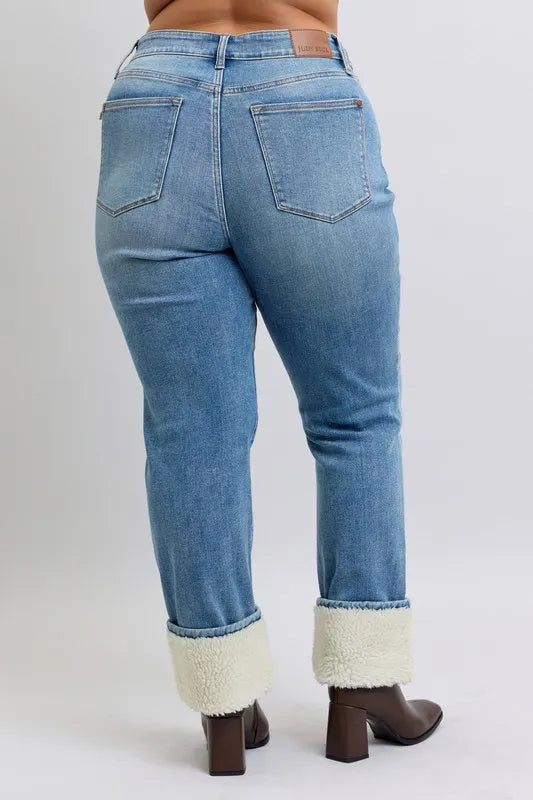 Judy Blue Full Size High Waist Shearling Cuff Straight Jeans
