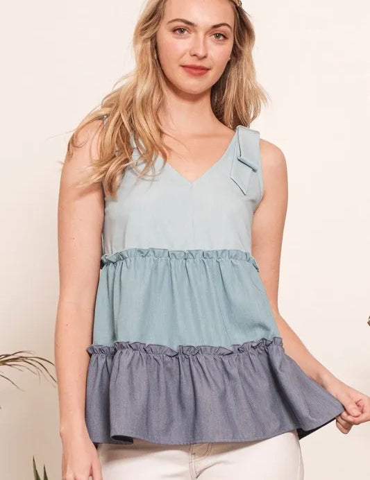 DENIM COMBO Lime 'N' Chili Full Size Color Block V-Neck Baby Doll Sleeveless Top Plus Size | Tops Daverri Fashions