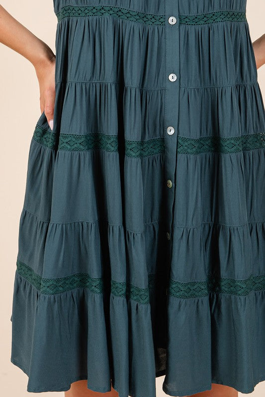 Mittoshop Deep Teal Lace Detail Ruffled Button Down Tiered Dress